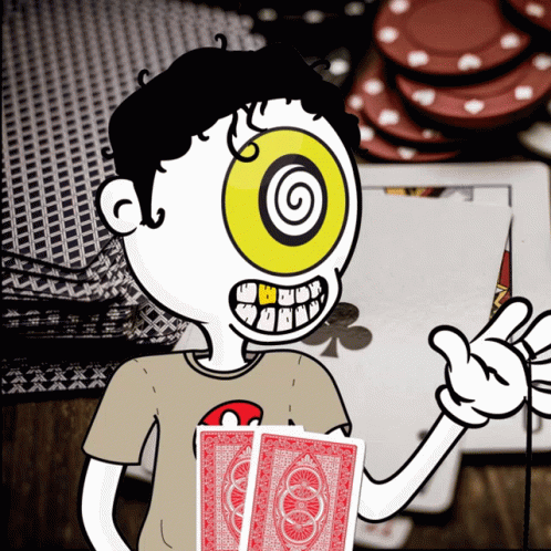 Cartoon Character Holding Two Red Playing Cards