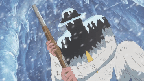 Cartoon Character Holding Wooden Stick at Ice Cave