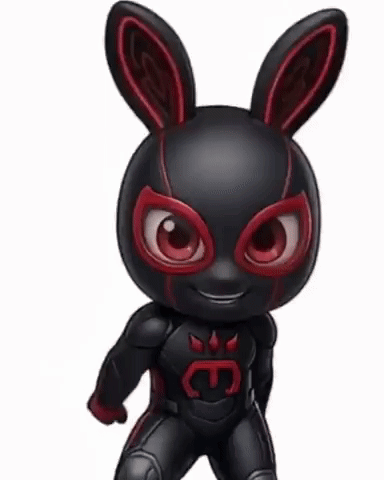 Cartoon Character in Black and Red Suit With Letter E