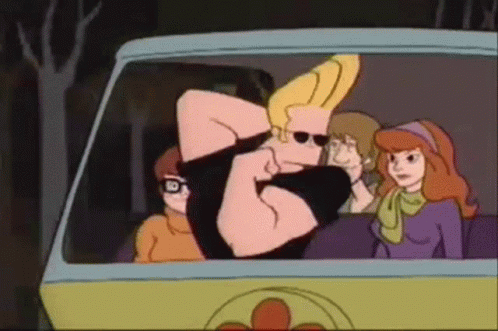 Cartoon Character in Black Shirt and Blue Jeans Pointing