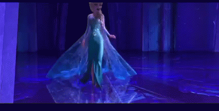 Cartoon Character In Blue Dress Arms Outstretched On Stage GIF