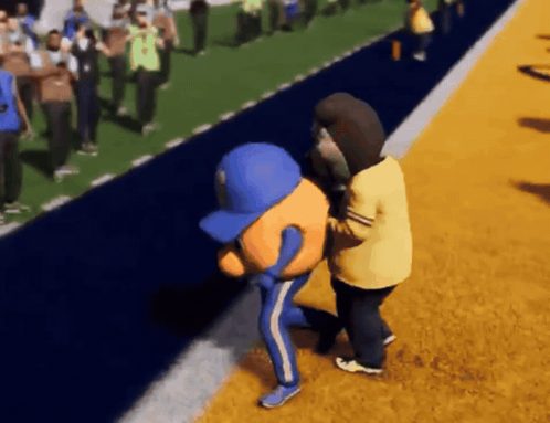 Cartoon Character In Blue Hat Being Pushed GIF