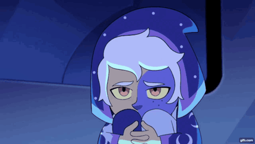 Cartoon Character In Blue Hoodie Holding Blue Object GIF
