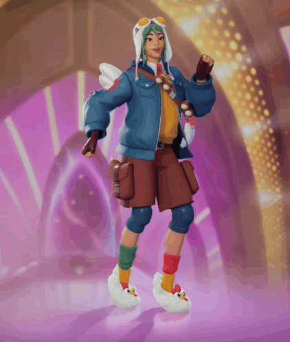 Cartoon Character in Blue Jacket and Brown Shorts Dancing