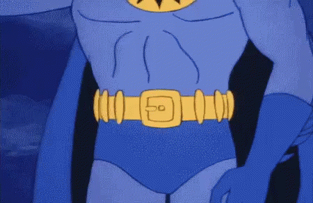 Cartoon Character In Blue Suit With Gold Belt GIF
