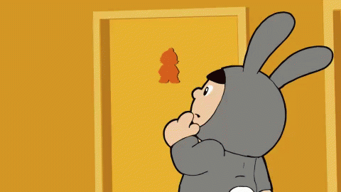Cartoon Character in Bunny Costume Walking Between Yellow Doors