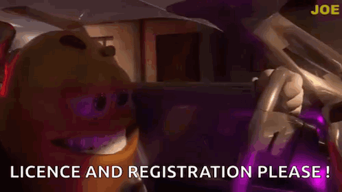 Cartoon Character in Car Says Licence and Registration Please