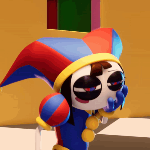 Cartoon Character in Colorful Jester Hat and Necklace
