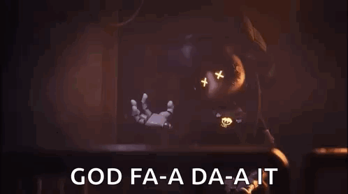 Cartoon Character in Dark Room with God Fa-a Da-a It