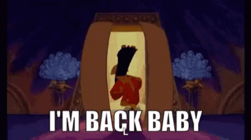 Cartoon Character in Doorway Saying I'm Back Baby
