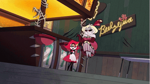 Cartoon Character in Front of Beely Juice Sign