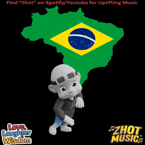 Cartoon Character in Front of Brazil Map Love Laughter Wisdom