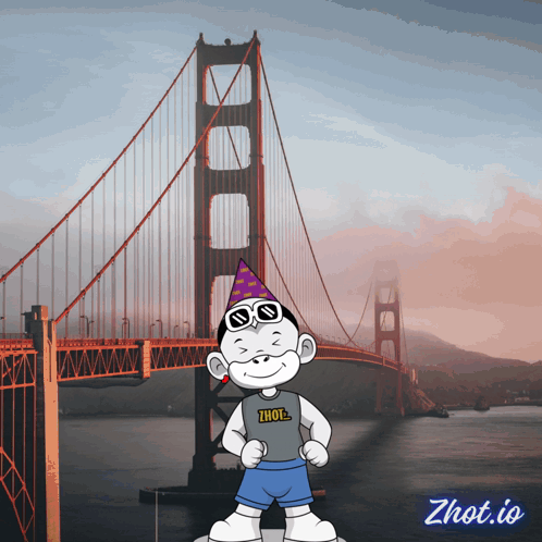 Cartoon Character in Front of Bridge Saying zhot.io