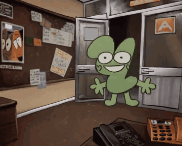 Cartoon Character in Front of Door With Sign A