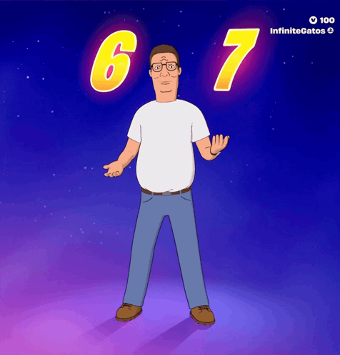 Cartoon Character in Front of Glowing Number 67