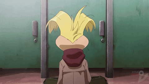Cartoon Character in Front of Green Door