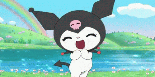 Cartoon Character In Front Of Lake And Rainbows GIF
