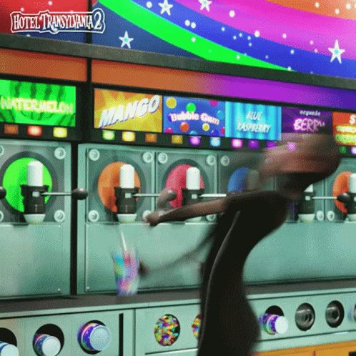 Cartoon Character in Front of Machine Saying Watermelon Mango Bubble Gum and Blue Raspberry