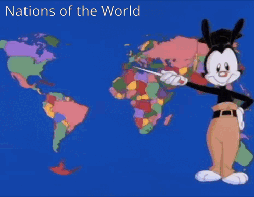 Cartoon Character in Front of Map Nations of the World