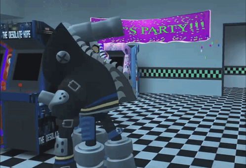 Cartoon Character in Front of Party Sign