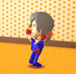 Cartoon Character in Front of Polka Dot Wall Holding Red Object