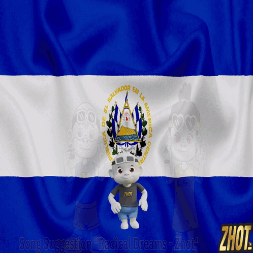 Cartoon Character in Front of Salvador en la America Flag