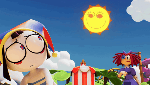 Cartoon Character in Front of Smiley Sun