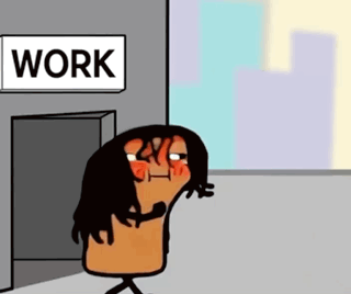 Cartoon Character in Front of Work Sign