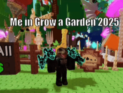 Cartoon Character In Garden Saying Me In Grow A Garden 2025 GIF