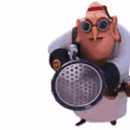 Cartoon Character in Gas Mask and Goggles Holding Flashlight