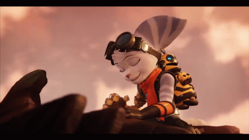 Cartoon Character in Goggles With Stuffed Animal on Back