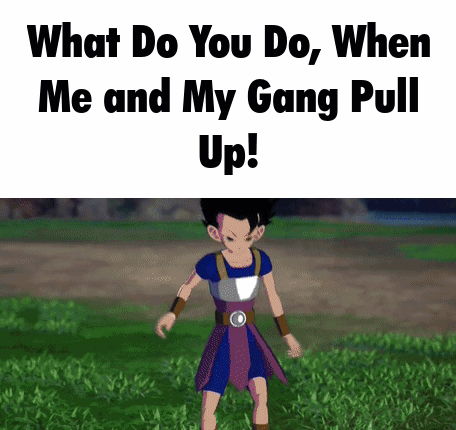 Cartoon Character In Grass Saying What Do You Do When Me And My Gang Pull Up GIF