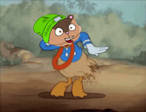 Cartoon Character in Green Hat and Blue Shirt