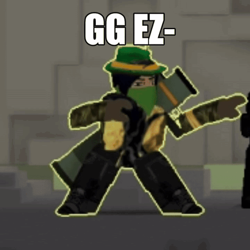 Cartoon Character in Green Hat and Mask Holding Gun Saying GG EZ