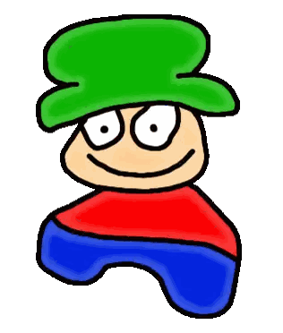 Cartoon Character in Green Hat and Red Blue Shirt