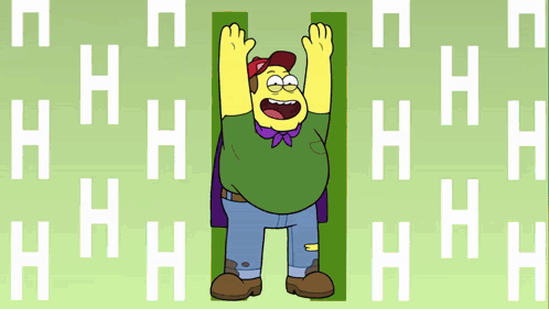 Cartoon Character In Green Shirt And Red Hat In Front Of Letter H GIF