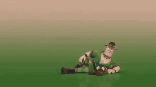 Cartoon Character in Green Uniform Lying on Grass