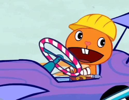 Cartoon Character In Hard Hat Holding Candy Cane Steering Wheel GIF
