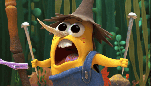 Cartoon Character In Hat And Overalls Holding Two Sticks GIF