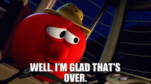 Cartoon Character in Hat Saying Glad That's Over