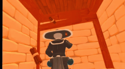 Cartoon Character In Hat Standing In Brick Room GIF