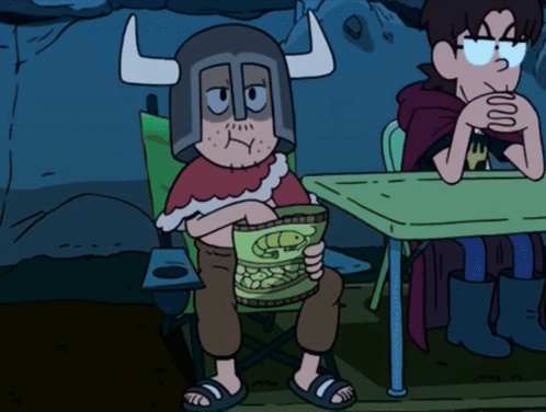 Cartoon Character in Horned Helmet Holding Bag of Nuts
