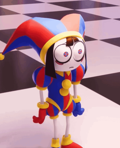 Cartoon Character in Jester Costume on Checkerboard Floor