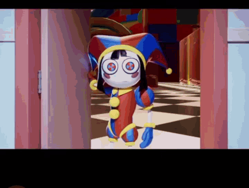 Cartoon Character in Jester Costume Standing in Hallway