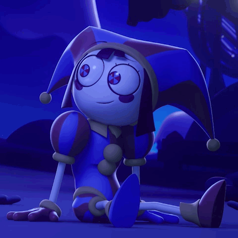 Cartoon Character in Jester Hat Sitting Down