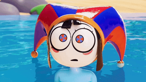 Cartoon Character in Jester Hat Standing in Pool