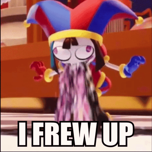 Cartoon Character in Jester Hat Vomiting I Frew Up
