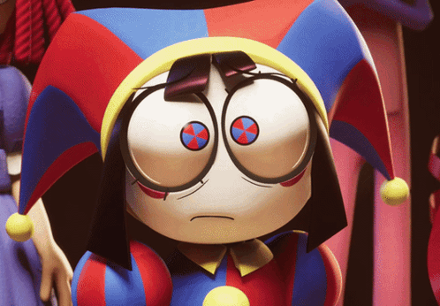 Cartoon Character in Jester Hat with Red and Blue Eyes