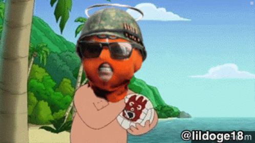 Cartoon Character in Military Helmet and Sunglasses Holding Volleyball