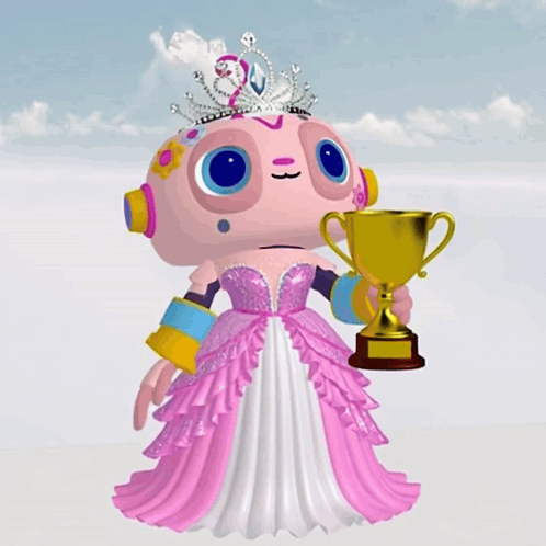 Cartoon Character in Pink Dress Holding Gold Trophy